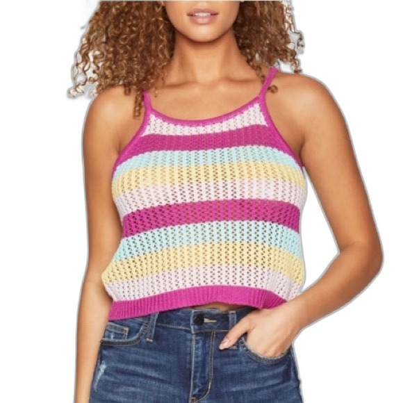 BCBGeneration White Purple Aqua Stripe Crochet Halter Tank Top Size M - Picture 1 of 10